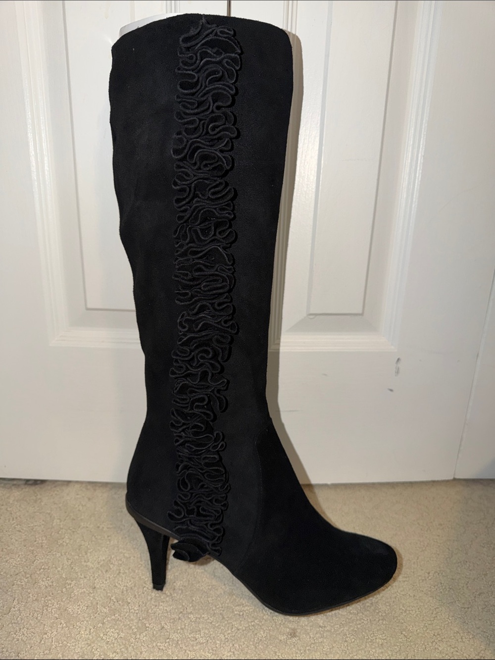 Kenneth Cole Reaction Black Suede Knee Boots with Ruffle Trim